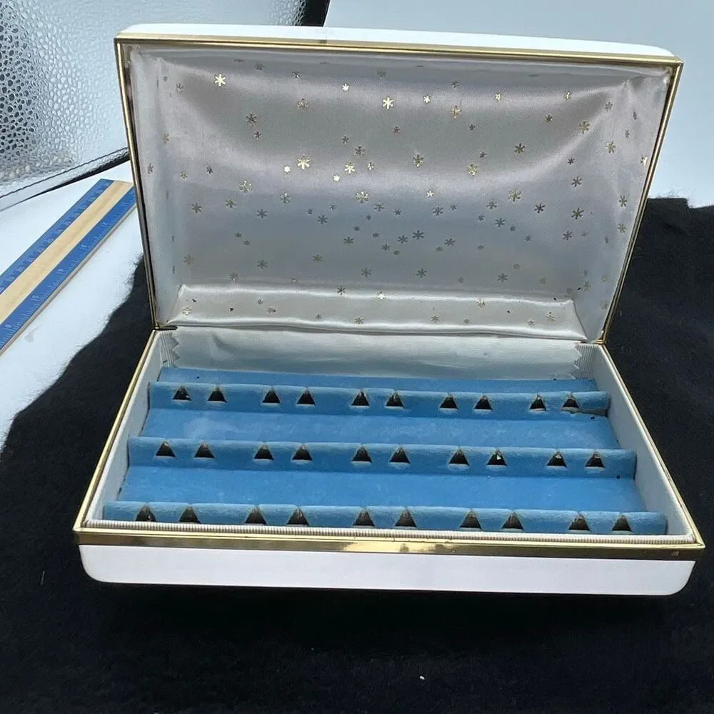 Vintage Midcentury faux reptile jewelry box star Sputnik interior